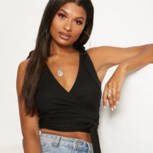 Pretty Little Thing Black Rib Tie Strap Wrap Top